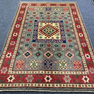 Handmade wool Afghan Kazak rug in silver, 4.1x5.11 ft, hand-knotted