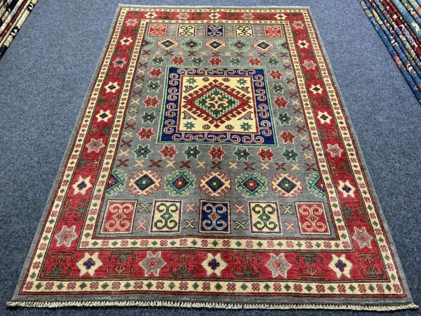 Handmade wool Afghan Kazak rug in silver, 4.1x5.11 ft, hand-knotted