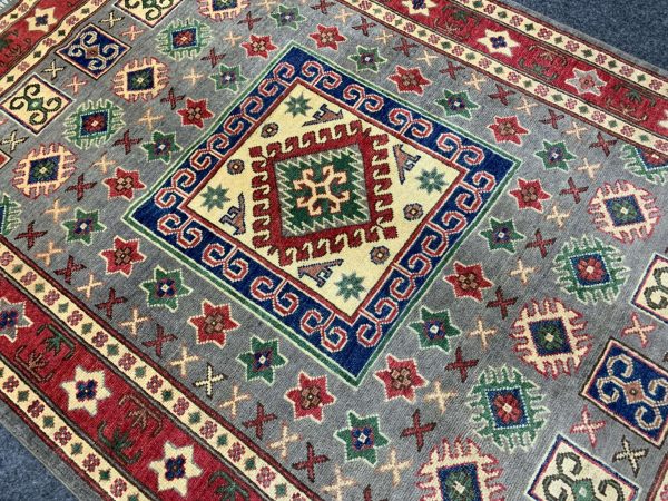 Silver Afghan Kazak Handmade Wool Rug 4.1x5.11 Ft Hand-knotted - Image 6