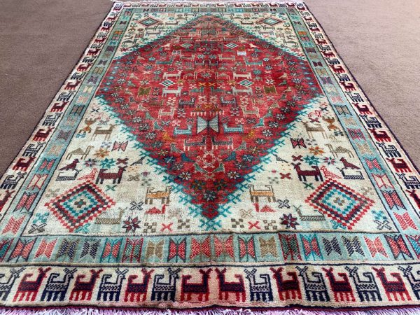 Vintage Afghan Handmade Wool Rug - Beige, 3.1x4.11 Ft, Turkman Design - Image 3