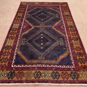 Handmade Afghan Wool Rug 3.8x6.3 Ft in Blue Geometric Pattern