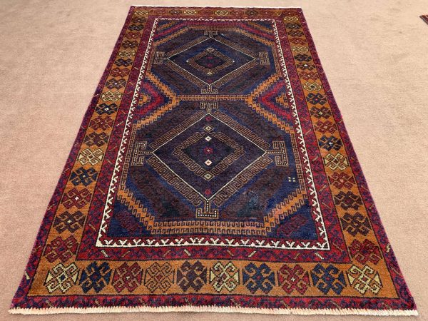 Handmade Afghan Wool Rug 3.8x6.3 Ft in Blue Geometric Pattern