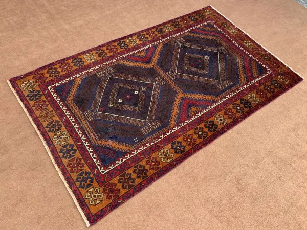 Handmade Afghan Wool Rug 3.8x6.3 Ft Blue Geometric - Image 2