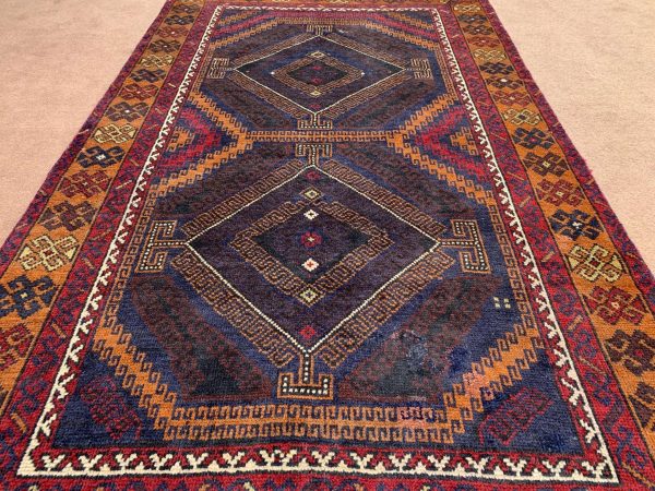 Handmade Afghan Wool Rug 3.8x6.3 Ft Blue Geometric - Image 3