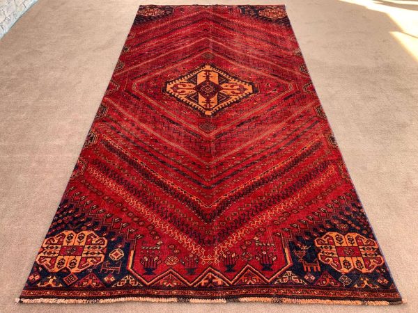 Vintage Afghan Handmade Wool Rug 4.7x9.3 Ft - Full View