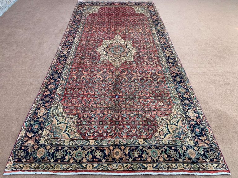 Vintage Afghan Handmade Wool Rug 4.11x10.6 ft with Red Turkman Design