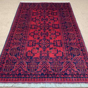 Afghan handmade wool rug, 3x5 ft, red and beige, hand-knotted