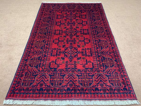 Afghan handmade wool rug, 3x5 ft, red and beige, hand-knotted