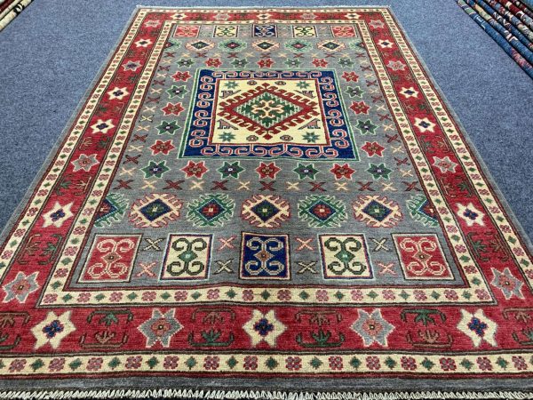 Silver Afghan Kazak Handmade Wool Rug 4.1x5.11 Ft Hand-knotted - Image 3