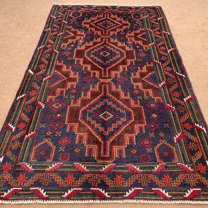 Afghan Handmade Wool Rug in Blue, Geometric Design, 3.11 x 6.8 ft