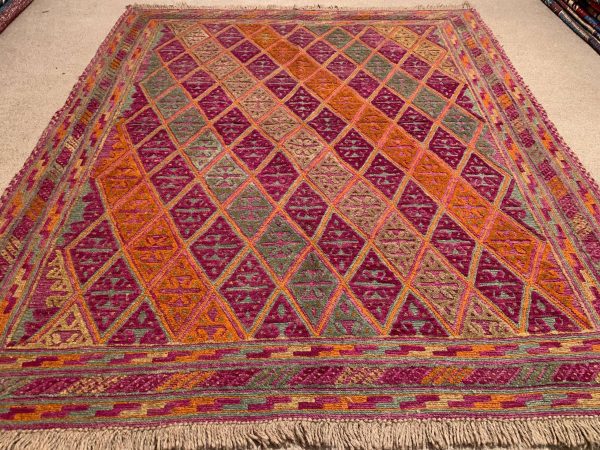 Afghan Kilim Rug 4.11x5.9 Ft Pink Wool Handwoven Vintage - Image 3