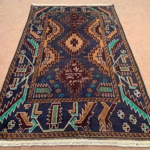 Vintage Balouchi rug in blue, 3.10x6.2 ft, handwoven wool with geometric design