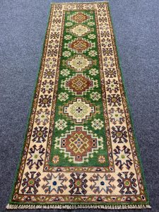 Handmade Kazak Wool Runner Rug showing full design, 2.9x4.2 ft, beige with geometric patterns.