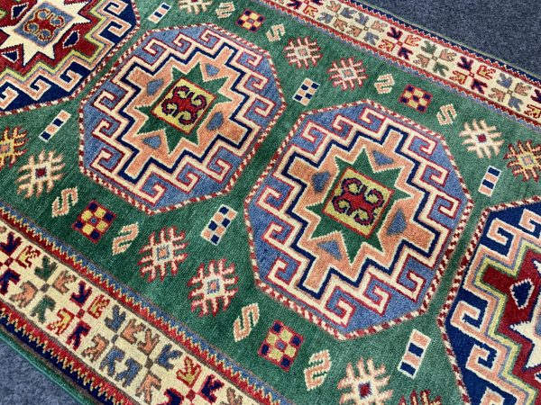 Handmade Green Kazak Rug 4.1x5.10 Ft Wool, Afghan - Image 4