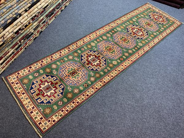 Handmade Green Kazak Rug 4.1x5.10 Ft Wool, Afghan - Image 2