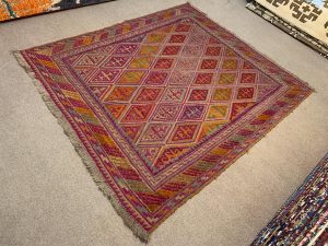 Vintage Afghan Handmade Wool Kilim Rug in Red and Yellow, 3.9x4.0 Ft, close-up of geometric patterns