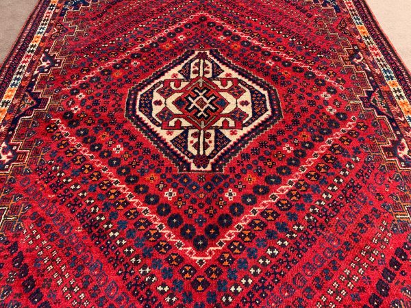 Vintage Afghan Handmade Wool Rug – Red, 5.0x9.1 Ft - Image 4