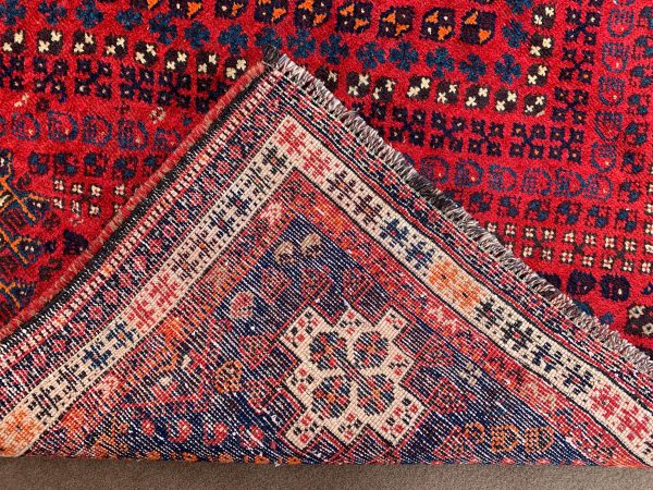 Vintage Afghan Handmade Wool Rug – Red, 5.0x9.1 Ft - Image 9