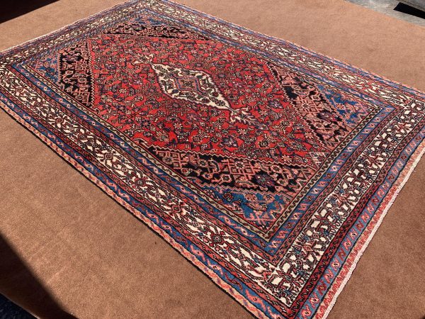 Vintage Afghan Prayer Rug, Handwoven Wool, 2.8x4.0 Ft in orange, blue, and red.