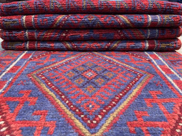 Vintage Afghan Handmade Wool Rug, Red, 6.9x10.4 Ft - Image 4