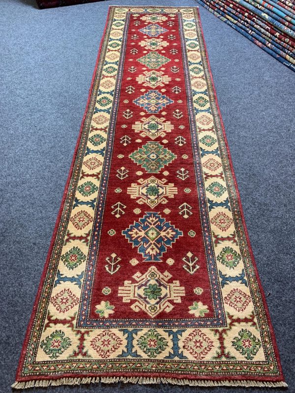 Handmade Afghan Kazak Wool Rug in Blue Beige - Full View