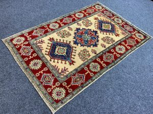 Handmade Afghan Kazak Wool Runner Rug 2.7x9.8 ft in Red and Beige, Full View