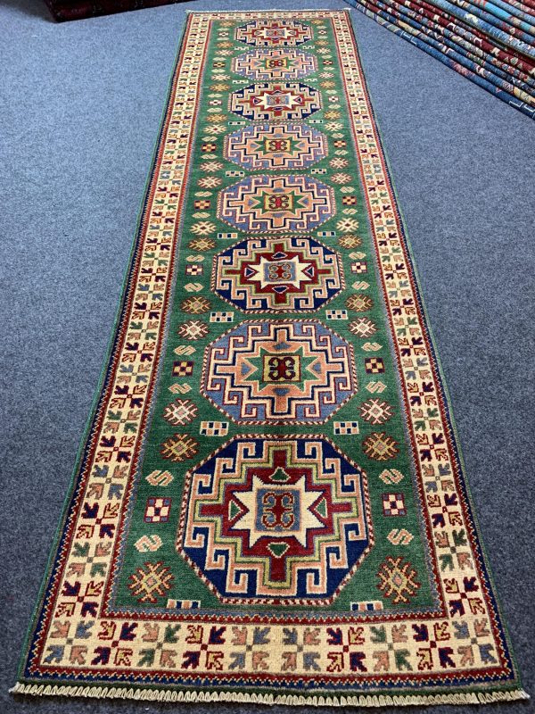 Handmade Green Kazak Rug – Detailed View of Pattern