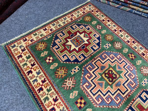 Handmade Green Kazak Rug 4.1x5.10 Ft Wool, Afghan - Image 3