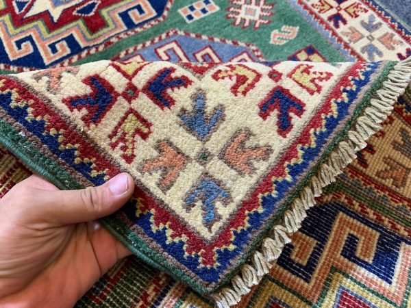 Handmade Green Kazak Rug 4.1x5.10 Ft Wool, Afghan - Image 6