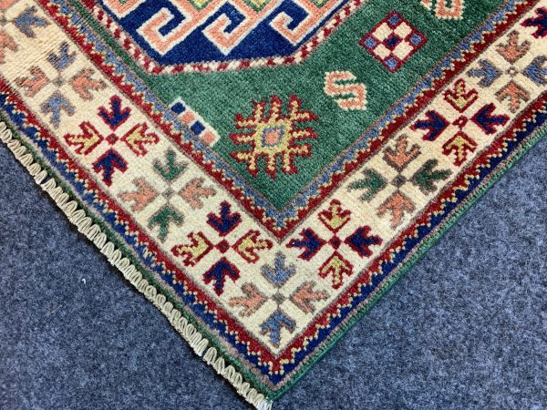 Handmade Green Kazak Rug 4.1x5.10 Ft Wool, Afghan - Image 5