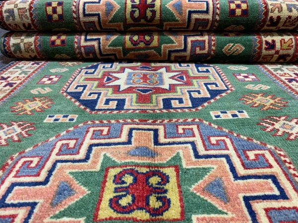 Handmade Green Kazak Rug 4.1x5.10 Ft Wool, Afghan - Image 9