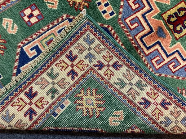 Handmade Green Kazak Rug 4.1x5.10 Ft Wool, Afghan - Image 7