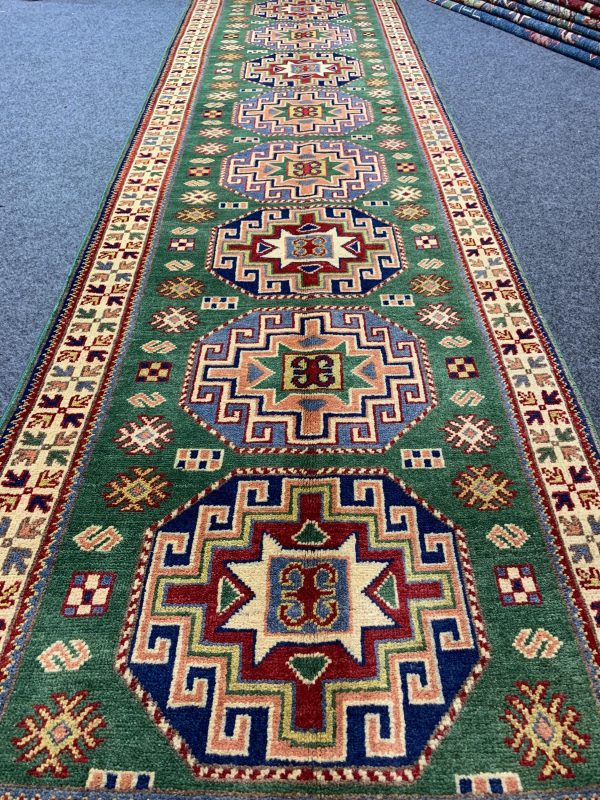 Handmade Green Kazak Rug 4.1x5.10 Ft Wool, Afghan - Image 8