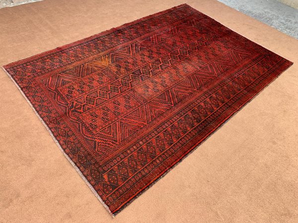 Vintage Blue Afghan Handwoven Wool Runner Rug close-up of geometric patterns