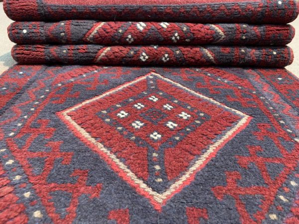 Vintage Red Afghan Handmade Wool Rug, 4.10x10.8 Ft, Soft Pile - Image 6